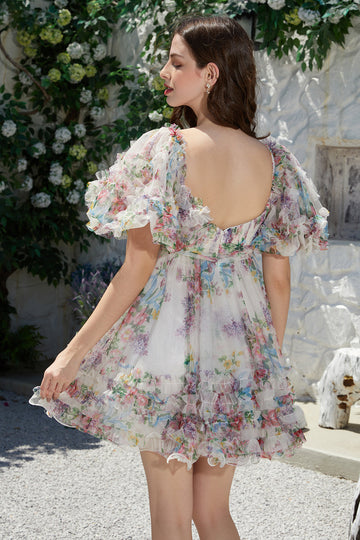 A Line Ivory Floral Printed Short Tulle Cocktail Dress with Short Sleeves